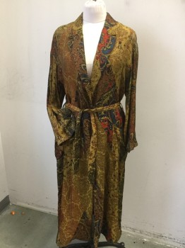 ZARA, Gold, Brown, Maroon Red, Orange, Teal Blue, Viscose, Polyester, Paisley/Swirls, Floral, Gold with Brown, Orange, Maroon, Teal Blue, Purple Floral, Paisley Print, Notched Lapel, 1 Large Gray Button Front, Long Sleeves, with SELF 1-1/2" WAIST BELT Detached , 2 Pockets