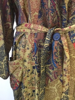 Womens, SPA Robe, ZARA, Gold, Brown, Maroon Red, Orange, Teal Blue, Viscose, Polyester, Paisley/Swirls, Floral, M/L, Gold with Brown, Orange, Maroon, Teal Blue, Purple Floral, Paisley Print, Notched Lapel, 1 Large Gray Button Front, Long Sleeves, with SELF 1-1/2" WAIST BELT Detached , 2 Pockets