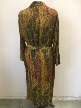 Womens, SPA Robe, ZARA, Gold, Brown, Maroon Red, Orange, Teal Blue, Viscose, Polyester, Paisley/Swirls, Floral, M/L, Gold with Brown, Orange, Maroon, Teal Blue, Purple Floral, Paisley Print, Notched Lapel, 1 Large Gray Button Front, Long Sleeves, with SELF 1-1/2" WAIST BELT Detached , 2 Pockets
