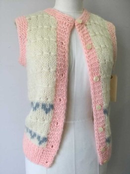 Womens, Vest, AXIOM, Cream, Lt Pink, Gray, Mohair, Color Blocking, L, Button Front, Crew Neck, Pink Trim, Horizontal Rows of Gray "V" Shape