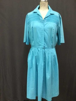 BEELINE FASHIONS, Turquoise Blue, Polyester, Cotton, Solid, Short Sleeve,  Snap Front, Smocked Panels At Shoulders, Pleated Skirt, Hem At Knee, Early 1960's