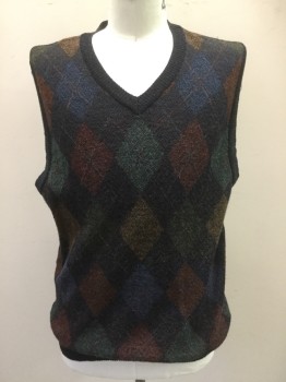 Mens, Sweater Vest, N/L, Navy Blue, Red Burgundy, Green, Yellow, Wool, Argyle, 42, V-neck, Ribbed Knit Neck/Armholes/Waistband, Argyle Front and Back