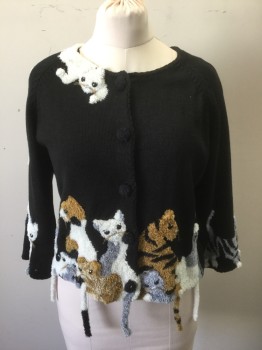 Womens, Sweater, MICHAEL SIMON, Black, Caramel Brown, White, Gray, Ramie, Cotton, Novelty Pattern, L, Black Knit with Caramel, White and Gray Kitty Cats Along Hem, with Hanging 3 Dimensional Tails, Jeweled Eyes, 5 Covered Buttons at Front, 3/4 Sleeve, Round Neck, Boxy Fit