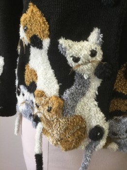 MICHAEL SIMON, Black, Caramel Brown, White, Gray, Ramie, Cotton, Novelty Pattern, Black Knit with Caramel, White and Gray Kitty Cats Along Hem, with Hanging 3 Dimensional Tails, Jeweled Eyes, 5 Covered Buttons at Front, 3/4 Sleeve, Round Neck, Boxy Fit