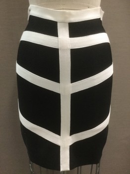 Womens, Skirt, Mini, BEBE, Black, Synthetic, S/P, with White Stripes, Bandage Skirt, Zip Back