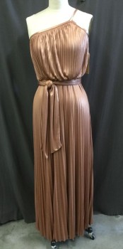 HALSTON, Copper Metallic, Synthetic, Solid, Asymmetrical 1 Strap, Fortuni Like Pleating, Grecian Goddess, Lined Bodice, Side Zipper, MATCHING TIE BELT, Belt Loops, 42" Inches From Waist To Hem