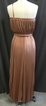 Womens, Evening Gown, HALSTON, Copper Metallic, Synthetic, Solid, 28w, 26b, Asymmetrical 1 Strap, Fortuni Like Pleating, Grecian Goddess, Lined Bodice, Side Zipper, MATCHING TIE BELT, Belt Loops, 42" Inches From Waist To Hem