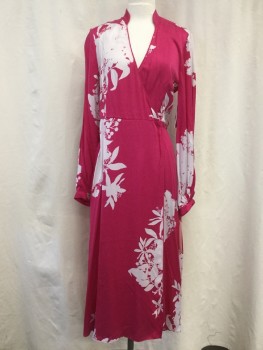 Womens, Dress, Long & 3/4 Sleeve, EQUIPMENT, Magenta Pink, White, Silk, Viscose, Floral, B 34, 4, W 28, Surplice, Snap Button Closure, Partial Stand Collar Attached,