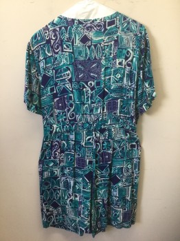 Womens, Romper, PARTNERS, Navy Blue, Teal Blue, Lt Blue, White, Mint Green, Rayon, Abstract , S, Funky Geometric Pattern with Squares, Spirals, Leaves, Etc, Short Sleeves, Shirtwaist, Scoop Neck, 1 Patch Pocket with Button Closure, Double Pleated Waist, 7" Inseam,