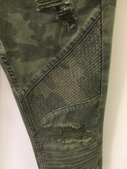 ZARA MAN, Olive Green, Black, Cotton, Lycra, Camouflage, 5 Pocket, Army Camo Distressed, Sewn Pleat Knees, Ribbed Stitching