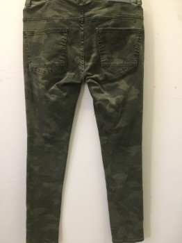 ZARA MAN, Olive Green, Black, Cotton, Lycra, Camouflage, 5 Pocket, Army Camo Distressed, Sewn Pleat Knees, Ribbed Stitching