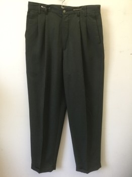 Mens, Slacks, ADOLFO, Dk Olive Grn, Rayon, Polyester, Solid, Ins:34, W:34, Corduroy Rib, Double Pleated, Double Belt Loops, Zip Fly, 4 Pockets, Relaxed Leg, Cuffed Hems,
