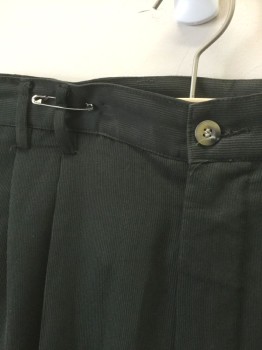 Mens, Slacks, ADOLFO, Dk Olive Grn, Rayon, Polyester, Solid, Ins:34, W:34, Corduroy Rib, Double Pleated, Double Belt Loops, Zip Fly, 4 Pockets, Relaxed Leg, Cuffed Hems,