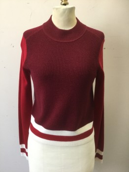Womens, Pullover, RAG & BONE, Maroon Red, Red, Cream, Lt Gray, Wool, Solid, Color Blocking, XS, Maroon Body with Red Long Sleeves, Cream Stripes at Cuffs and Hem, Back is Light Gray, Knit, Mock Neck, Long Sleeves