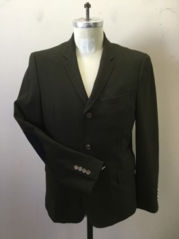 Mens, Sportcoat/Blazer, ZARA MAN, Forest Green, Navy Blue, Wool, Cotton, Solid, 42S, Twill Forest Green Collar Attached, Notched Lapel, Hand Picked Collar/Lapel, 3 Buttons,  3 Pockets, Navy Suede Elbow Patches