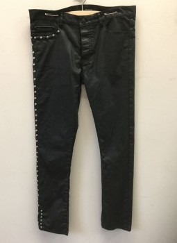 THE KOOPLES, Black, Silver, Cotton, Spandex, Solid, Waxed Slightly Iridescent Black Denim, Skinny Leg, with Silver Rounded Studs at Outseam of One Leg Only, Button Fly, 5 Pockets