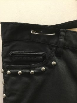 THE KOOPLES, Black, Silver, Cotton, Spandex, Solid, Waxed Slightly Iridescent Black Denim, Skinny Leg, with Silver Rounded Studs at Outseam of One Leg Only, Button Fly, 5 Pockets