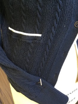 Womens, Sweater, BROOKS BROTHERS, Navy Blue, White, Cotton, Solid, XS, Cable Knit with Eyelet Knit Detail , White Trim, Pockets, Open Front