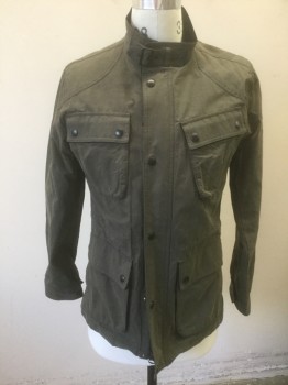 Mens, Casual Jacket, BANANA REPUBLIC, Dk Olive Grn, Cotton, Nylon, Solid, S, Brownish Olive, Zip and Snap Front, Black Corduroy Lining on Stand Collar, Waterproof Material, 4 Pockets, Gray/Black Plaid Half Lining