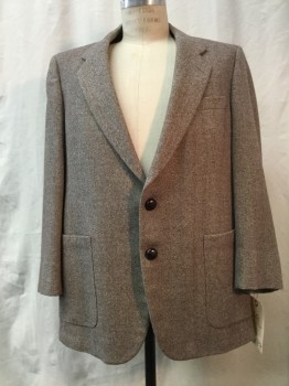 Mens, Sportcoat/Blazer, NO LABEL, Cream, Brown, Wool, Herringbone, 44 R, SB.  Notched Lapel, Collar Attached, 2 Buttons,  3 Pockets,