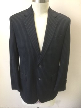 RALPH LAUREN, Navy Blue, Lt Gray, Wool, Stripes - Pin, Dark Navy (Nearly Black) with Light Gray Pinstripes, Single Breasted, Notched Lapel, 2 Buttons, 3 Pockets, Solid Dark Navy Lining