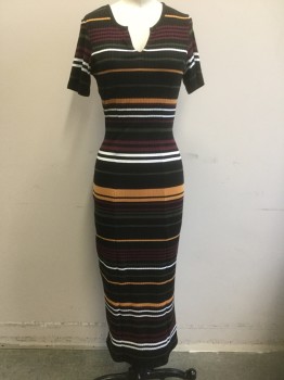 Womens, Dress, Short Sleeve, ASOS, Black, Red Burgundy, Olive Green, White, Mustard Yellow, Polyester, Viscose, Stripes - Horizontal , 2, Dress, Black with Olive, Mustard, White, Burgundy Horizontal Stripes, Rib Knit Jersey, Short Sleeves, Scoop Neck with Notch at Center, Ankle Length, Slim Fit
