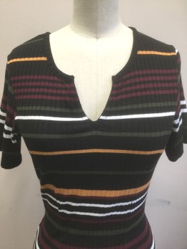 Womens, Dress, Short Sleeve, ASOS, Black, Red Burgundy, Olive Green, White, Mustard Yellow, Polyester, Viscose, Stripes - Horizontal , 2, Dress, Black with Olive, Mustard, White, Burgundy Horizontal Stripes, Rib Knit Jersey, Short Sleeves, Scoop Neck with Notch at Center, Ankle Length, Slim Fit