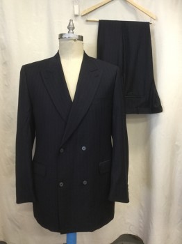 TESSUTO ITALIANO, Navy Blue, White, Wool, Stripes - Pin, Double Breasted, Collar Attached, Peaked Lapel, 3 Pockets, Long Sleeves,