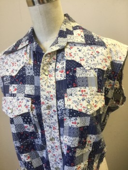 N/L, White, Navy Blue, Cherry Red, Cotton, Floral, Patchwork, Floral Calico in Various "Patchwork" Squares Pattern, Sleeveless with Cut Off Sleeves, Snap Front, Western Style Yoke, Collar Attached, 2 Patch Pockets with Flap Closures, Self Tie Front, Cropped Length,