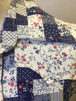 N/L, White, Navy Blue, Cherry Red, Cotton, Floral, Patchwork, Floral Calico in Various "Patchwork" Squares Pattern, Sleeveless with Cut Off Sleeves, Snap Front, Western Style Yoke, Collar Attached, 2 Patch Pockets with Flap Closures, Self Tie Front, Cropped Length,