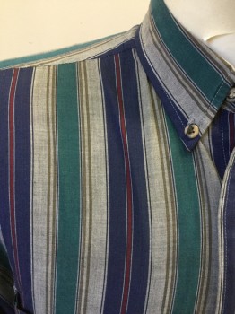 VAN HEUSEN, Gray, Teal Green, Navy Blue, Maroon Red, Brown, Poly/Cotton, Stripes - Vertical , Button Front, Collar Attached, Button Down Collar, Long Sleeves, 2 Pockets