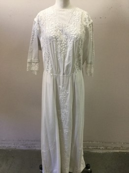 MTO, Ivory White, Silk, Solid, Floral, High Square Neck with Lace Trim, Beautiful Lace Inset with Floral Embroidery, Short Sleeves, Seam Detail on Skirt with Embroidery, Hook and Eye Back Closure