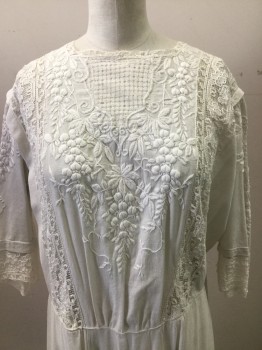 MTO, Ivory White, Silk, Solid, Floral, High Square Neck with Lace Trim, Beautiful Lace Inset with Floral Embroidery, Short Sleeves, Seam Detail on Skirt with Embroidery, Hook and Eye Back Closure