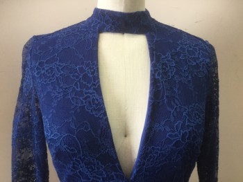 BEBE, Blue, Nylon, Spandex, Floral, Solid, Lace, Long Sleeves, Mock Turtle Neck, V Cut Center Front, Open Back, Skirt Front Ruched at Center Seam. Dusty Blue Scallop Lace at Hem, Seams 'Hairy' From Spandex