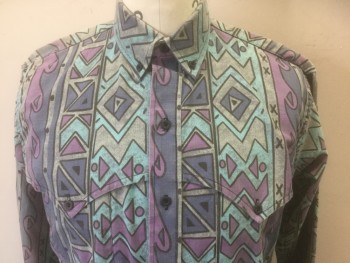 RUDDOCK BROS, Gray, Purple, Lt Blue, Black, Cotton, Geometric, Long Sleeve Button Front, Collar Attached, Button Down Collar, Western Style Pointed Yoke/Double Layer at Shoulders, 2 Chest Pockets