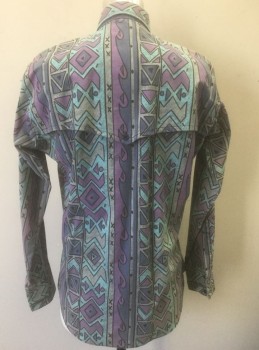RUDDOCK BROS, Gray, Purple, Lt Blue, Black, Cotton, Geometric, Long Sleeve Button Front, Collar Attached, Button Down Collar, Western Style Pointed Yoke/Double Layer at Shoulders, 2 Chest Pockets