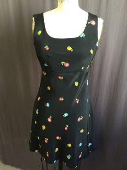 FINESSE, Black, Lt Blue, Goldenrod Yellow, Orange, Green, Polyester, Floral, Crepe, Sleeveless, with 1.5" Straps, Round Neck, Empire Waist, Mini Dress,