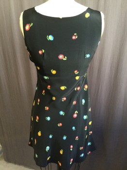 FINESSE, Black, Lt Blue, Goldenrod Yellow, Orange, Green, Polyester, Floral, Crepe, Sleeveless, with 1.5" Straps, Round Neck, Empire Waist, Mini Dress,