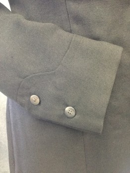 MTO, Black, Wool, Solid, Gaberdine Jacket, 3 Button Closure, Notched Lapel, 2 Button Detail at Shaped Cuff, 1 Tiny Welt Pocket with Some Wear, See Close Up Photo for Detail. Button Tab at Center Back Waist, 3 Button Detail at Faux Right Vent. Hole Repaired on Left Sleeve Front See Photo, Small Hole Near 3 Buttons at Back Faux Vent,