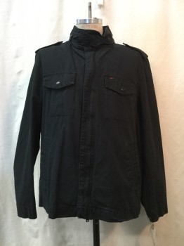 Mens, Casual Jacket, LEVI'S, Black, Cotton, Solid, XL, Black, Zip & Button Front, 4 Pockets, Zip Collar with Hood Inside, Epaulets