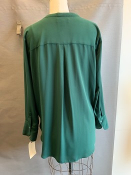 Womens, Top, BANANA REPUBLIC, Dk Green, Polyester, Solid, XL, Split V-neck, Single Pleat Center Front, Long Sleeves, Pullover,