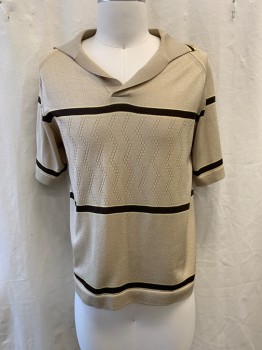 VAN HEUSEN, Sand, Polyester, Acetate, Collar Attached, Short Sleeves, Brown & Cream Horizontal Strip, Zigzag Perforated Pattern
