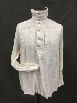 Mens, Historical Fiction Shirt, MTO, White, Linen, Solid, 16/34, 1/4 Button Front Placket, High Buttonned Up Collar, 2 Large Chest Pockets, Pleated at Front Neck, Long Sleeves, Pleated at Button Cuffs, Pleated at Yoke Back