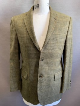 Mens, Sportcoat/Blazer, BURBERRY, Olive Green, Brown, Wool, Glen Plaid, 38S, Single Breasted, Notched Lapel, 2 Buttons, 3 Pockets