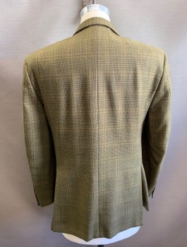 Mens, Sportcoat/Blazer, BURBERRY, Olive Green, Brown, Wool, Glen Plaid, 38S, Single Breasted, Notched Lapel, 2 Buttons, 3 Pockets