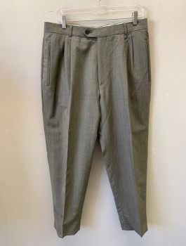 HUGO BOSS, Mushroom-Gray, Wool, Mohair, Solid, Double Pleated, Button Tab, Relaxed Thigh Tapered at Ankles, 4 Pockets, Belt Loops