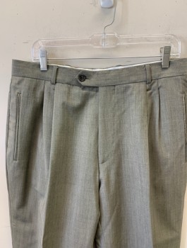 HUGO BOSS, Mushroom-Gray, Wool, Mohair, Solid, Double Pleated, Button Tab, Relaxed Thigh Tapered at Ankles, 4 Pockets, Belt Loops