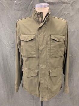 Mens, Casual Jacket, LUCKY, Dk Olive Grn, Cotton, Solid, M, Zip Front with Snap Placket, Stand Collar, 4 Pockets, Long Sleeves