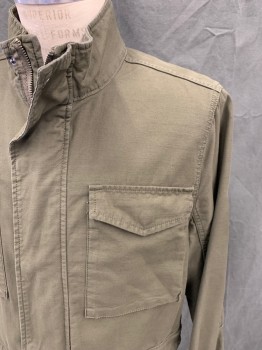Mens, Casual Jacket, LUCKY, Dk Olive Grn, Cotton, Solid, M, Zip Front with Snap Placket, Stand Collar, 4 Pockets, Long Sleeves