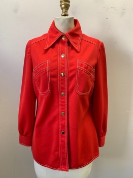 N/L, Red, Polyester, Solid, Gold Button Front, White Top Stitching, 2 Patch Pockets, Long Sleeves, Button Cuff, * Black Mark Across Stomach*